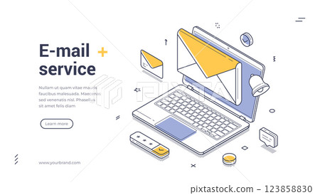 Email service web banner template with isometric design elements for communication 123858830