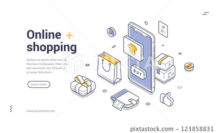 Explore the world of online shopping with this engaging web banner template for digital stores Explore the world of online shopping with this engaging web banner template for digital stores 123858831