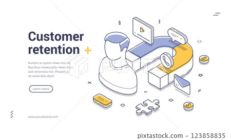 Customer retention strategies illustrated in an isometric web banner template for engaging users 123858835
