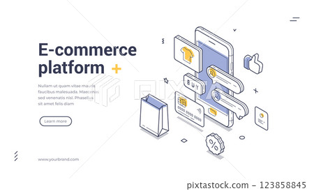 E-commerce platform banner template showcasing isometric design vector illustration E-commerce platform banner template showcasing isometric design vector illustration 123858845