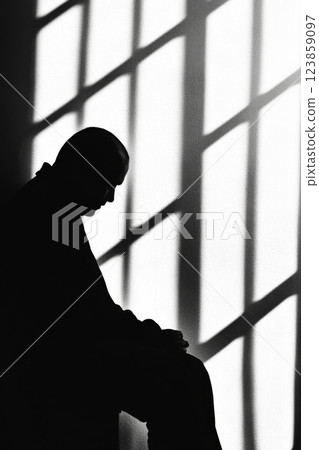 Silhouette Man Sits in Dramatic Window Light 123859097