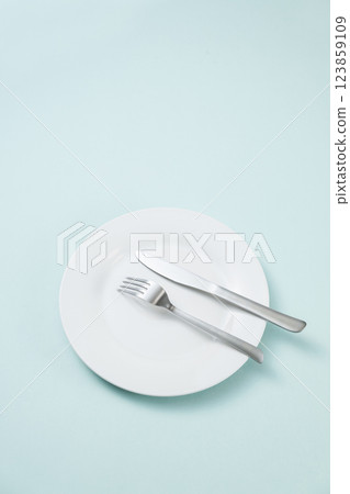 Simple white plate, fork and knife Simple white plate, fork and knife 123859109