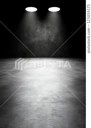 Empty Dark Room with Two Spotlights Illuminating Concrete Floor 123859175