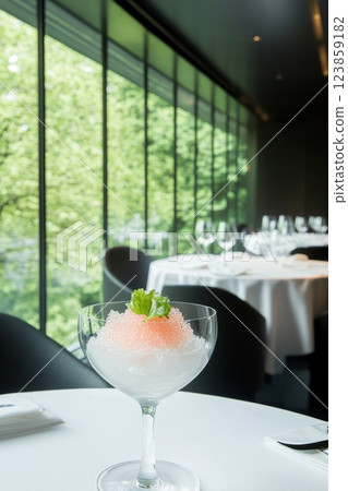 Dessert in Glass, Restaurant Table View 123859182