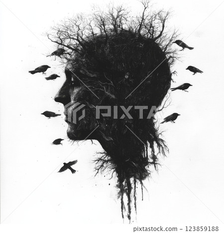 Surreal Human Head Entangled in Tree Roots and Branches with Flying Birds 123859188