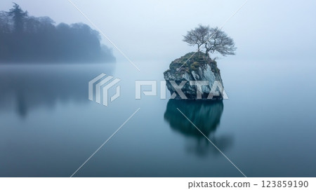 Lone tree on rocky island in misty lake 123859190