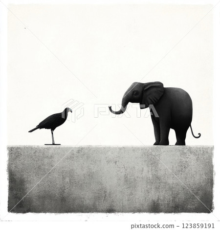 Crow beside elephant on rustic gray surface 123859191