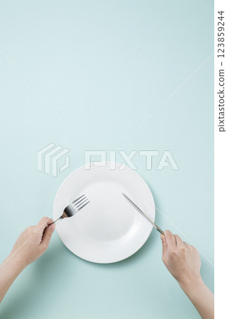 A simple white plate and a woman's hands holding a fork and knife A simple white plate and a woman's hands holding a fork and knife 123859244