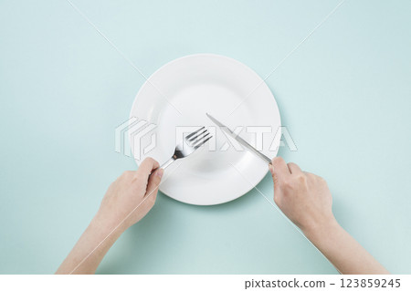 A simple white plate and a woman's hands holding a fork and knife A simple white plate and a woman's hands holding a fork and knife 123859245