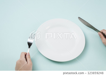 一個簡單的白色盤子和一個女人拿著叉子和刀的手 123859248