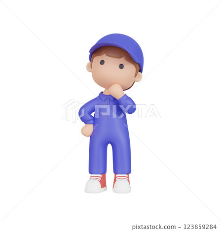 3DCG | A male worker wearing overalls and thinking 123859284