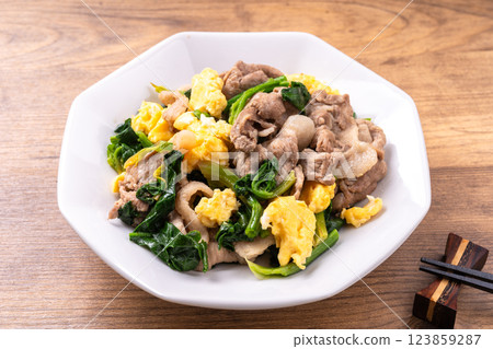 Pork and spinach stir fry 123859287