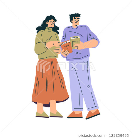 Weekend Market with Man and Woman Character Buy Books Vector Illustration 123859435