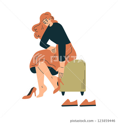 Weekend Market with Woman Character Buy Shoes Vector Illustration Weekend Market with Woman Character Buy Shoes Vector Illustration 123859446
