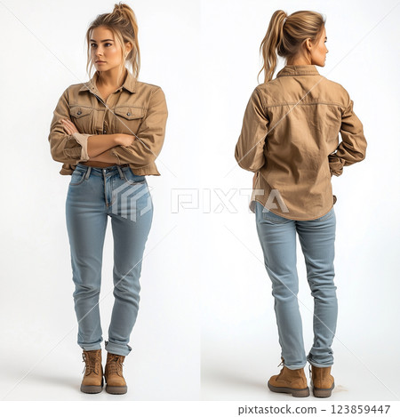 front and back view of young woman in casual clothes isolated on white background 123859447