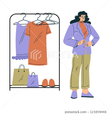 Weekend Market with Woman Character Buy Clothing Vector Illustration 123859448