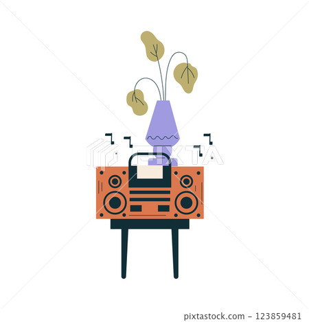 Tape Recorder Play Music Melody Stand on Stool Vector Illustration 123859481