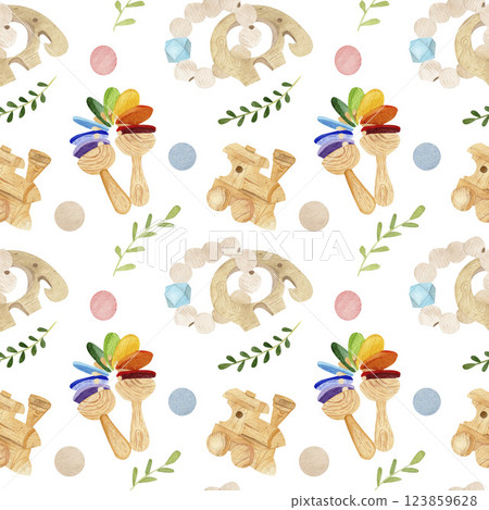 Watercolor seamless pattern with wooden children's toys: rattle, locomotive teething accessories elephant. White color background. Ideal for fabric, scrapbooking, printing, textiles and other ideas 123859628