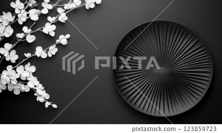 Black Plate with White Blossoms 123859723