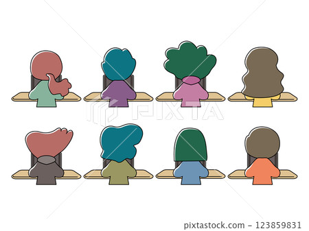 Vector illustration of a back view of children studying on a tablet device 123859831