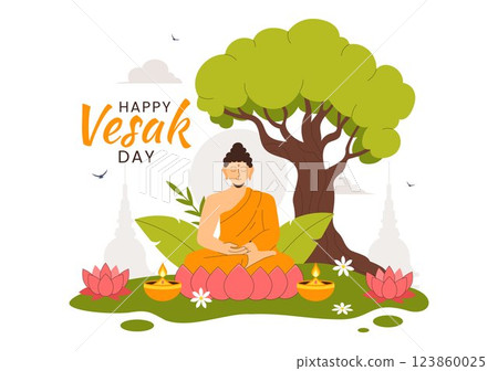 Happy Vesak Day Celebration Vector Illustration Featuring a Temple Silhouette, Lotus Flower, Lanterns, and Buddha's Meditation in a Flat Background 123860025