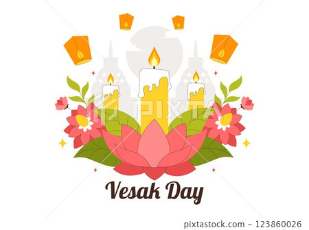 Happy Vesak Day Celebration Vector Illustration Featuring a Temple Silhouette, Lotus Flower, Lanterns, and Buddha's Meditation in a Flat Background 123860026