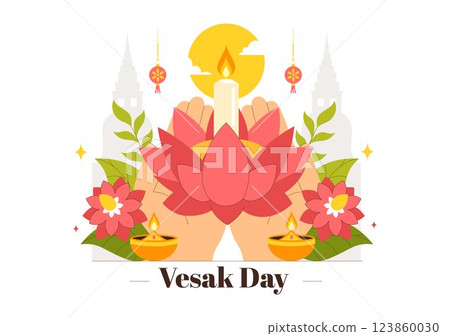 Happy Vesak Day Celebration Vector Illustration Featuring a Temple Silhouette, Lotus Flower, Lanterns, and Buddha's Meditation in a Flat Background 123860030