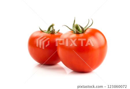 Fresh ripe red tomatoes with green stems isolated on white background. cooking healthy meals food photography kitchen vegetable dishes nutrition 123860072