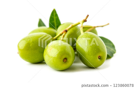 Fresh green olives with leaves isolated on white background isolated closeup healthy organic food Mediterranean nature snack cooking diet 123860078