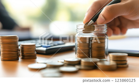 A hand places a coin into a savings jar surrounded by stacked coins, symbolizing financial growth, budgeting, and investment. 123860125
