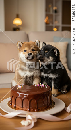 Shiba Inu puppy celebrating with cake Shiba Inu puppy celebrating with cake 123860158