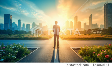 Businessman at crossroads deciding future direction facing challenging choices career path urban setting professional decision making thinking contemplating option 123860181