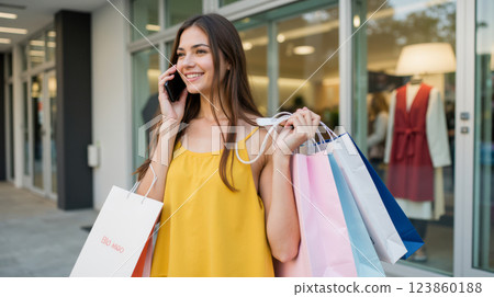 Smiling woman with shopping bags talking on phone, standing outside store, happy after sale, modern shopping mall, fashionable lifestyle, retail therapy, enjoying successful shopping day Smiling woman with shopping bags talking on phone, standing outside store, happy after sale, modern shopping mall, fashionable lifestyle, retail therapy, enjoying successful shopping day 123860188