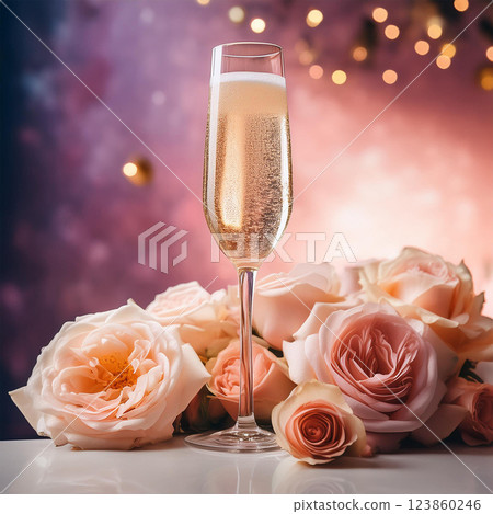Elegant Champagne Flute Surrounded by Roses 123860246