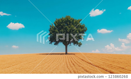 Lone tree in golden field under blue sky 123860268