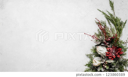 Winter foliage with red poinsettia decor 123860389