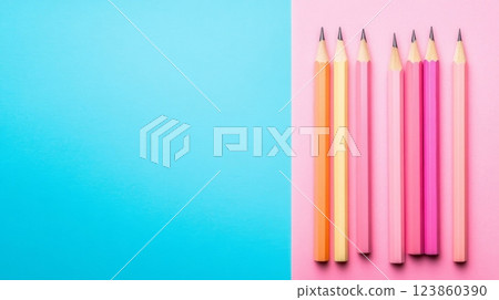 Pink and yellow pencils on color paper Pink and yellow pencils on color paper 123860390