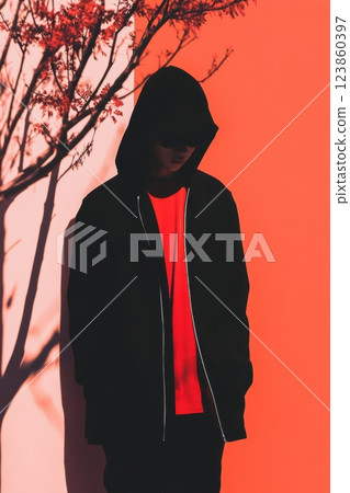 Anonymous figure in hoodie by red tree 123860397