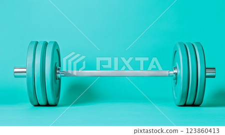 Blue barbell on a blue background 123860413