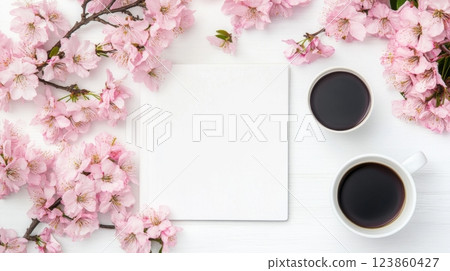 Spring Cherry Blossoms with Coffee and Blank Card 123860427