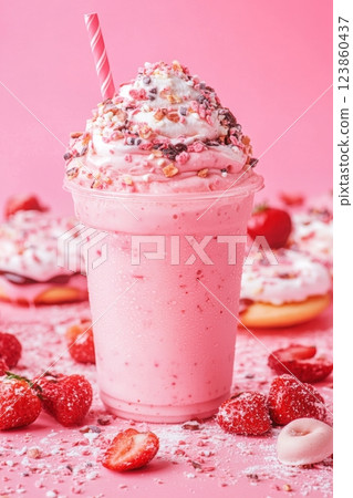 Refreshing Strawberry Milkshake with Donuts and Fruit 123860437