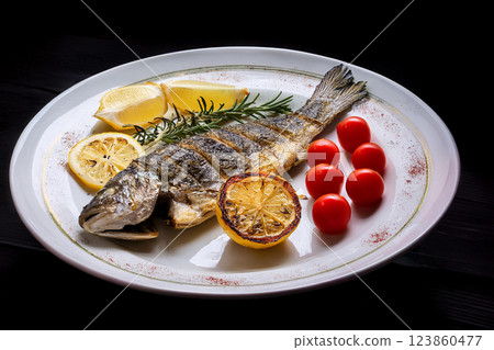 Grilled Fish Garnished with Lemon and Herbs Grilled Fish Garnished with Lemon and Herbs 123860477