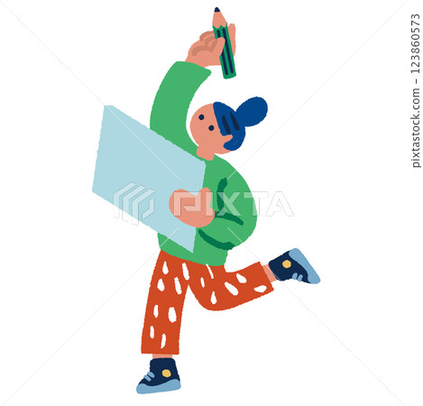 Simple and flat illustration of a woman holding a pencil and paper 123860573