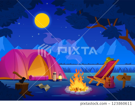 Night camp landscape. Campsite in dark forest, camping with campfire and tent evening picnic woodland nature scene travel hiking trip rest wood bonfire, tidy vector illustration 123860611