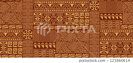 Mayan seamless pattern. Mexican african polynesian tiki aztec abstract tribal ethnic motif texture fabric print, decorative indian tribe ornament rugs, swanky vector illustration 123860614