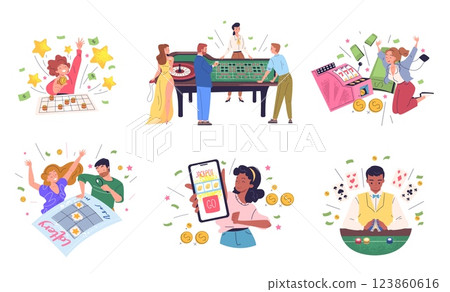 People gambling. Gamblers betting wager, casino visitors spin roulette playing poker or lottery gamble machine bingo win money prize online bets player, classy vector illustration People gambling. Gamblers betting wager, casino visitors spin roulette playing poker or lottery gamble machine bingo win money prize online bets player, classy vector illustration 123860616