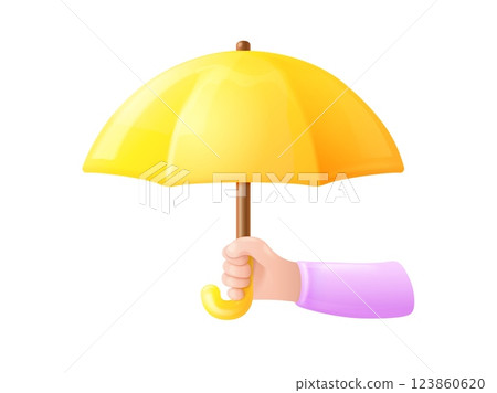 3d umbrella in hand. Man hands hold parasol, rain storm wet weather or Insurance coverage concept rainy water protection safety umbrellas shield, render exact vector illustration 123860620