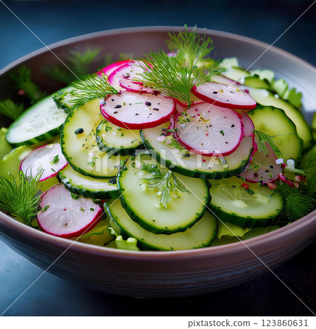 Fresh Salad with Cucumbers and Radishes 123860631