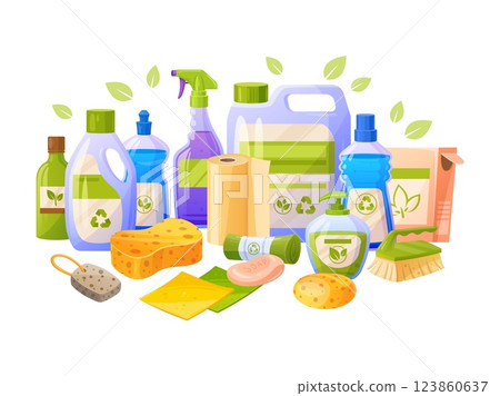 Eco cleaning supplies. Eco-friendly products, Natural organic household kitchen detergents or personal hygiene cleaner sustainable product bath equipment tidy vector illustration Eco cleaning supplies. Eco-friendly products, Natural organic household kitchen detergents or personal hygiene cleaner sustainable product bath equipment tidy vector illustration 123860637
