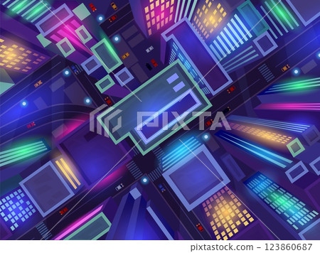 Night street top view. Dark city buildings skyscraper roof above road intersection urban district map crossroad down town car traffic cartoon background, swanky vector illustration 123860687